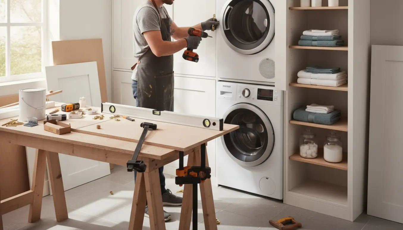 Håndværker monterer et skab med to låger omkring en stacket vaskemaskine og tørretumbler, med et smalt hyldeskap ved siden af.