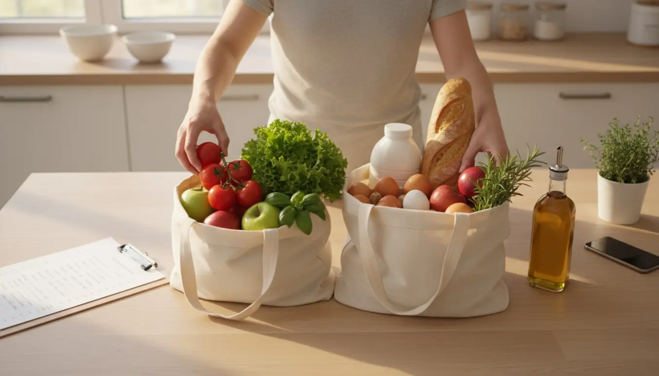 Hænder pakker dagligvarer i genbrugsposer på et lyst køkkenbord.