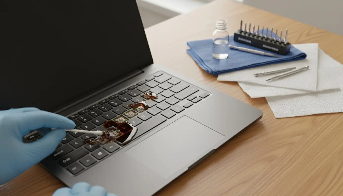 Nærbillede af cola spildt på en bærbar, hvor handsker renser tastaturet med vatpinde og klude.