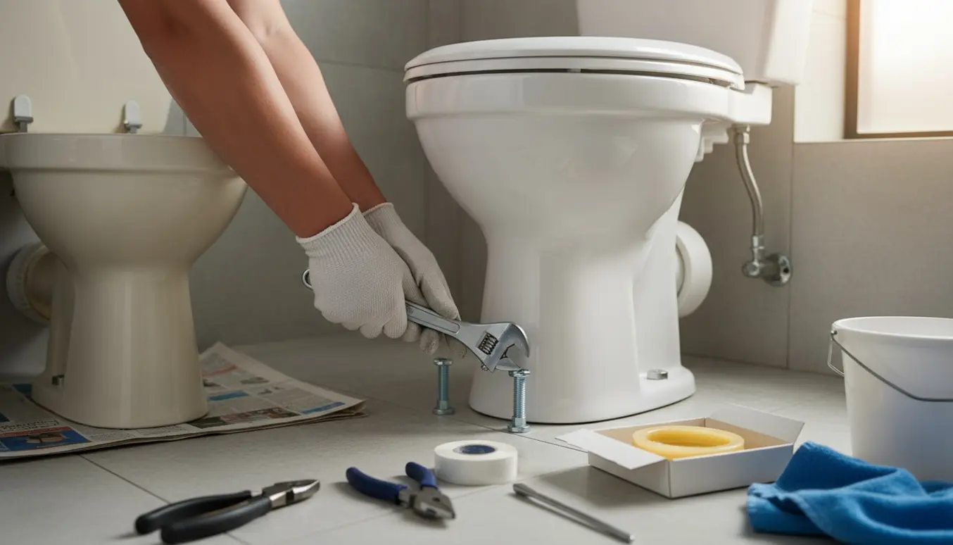 Hænder monterer et nyt hvidt toilet i et badeværelse med værktøj og frakoblet cisterne.