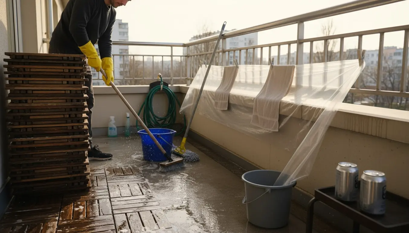 Fjernelse af træfliser og rengøring af altan med skånsom afskærmning mod afløb til underbo.