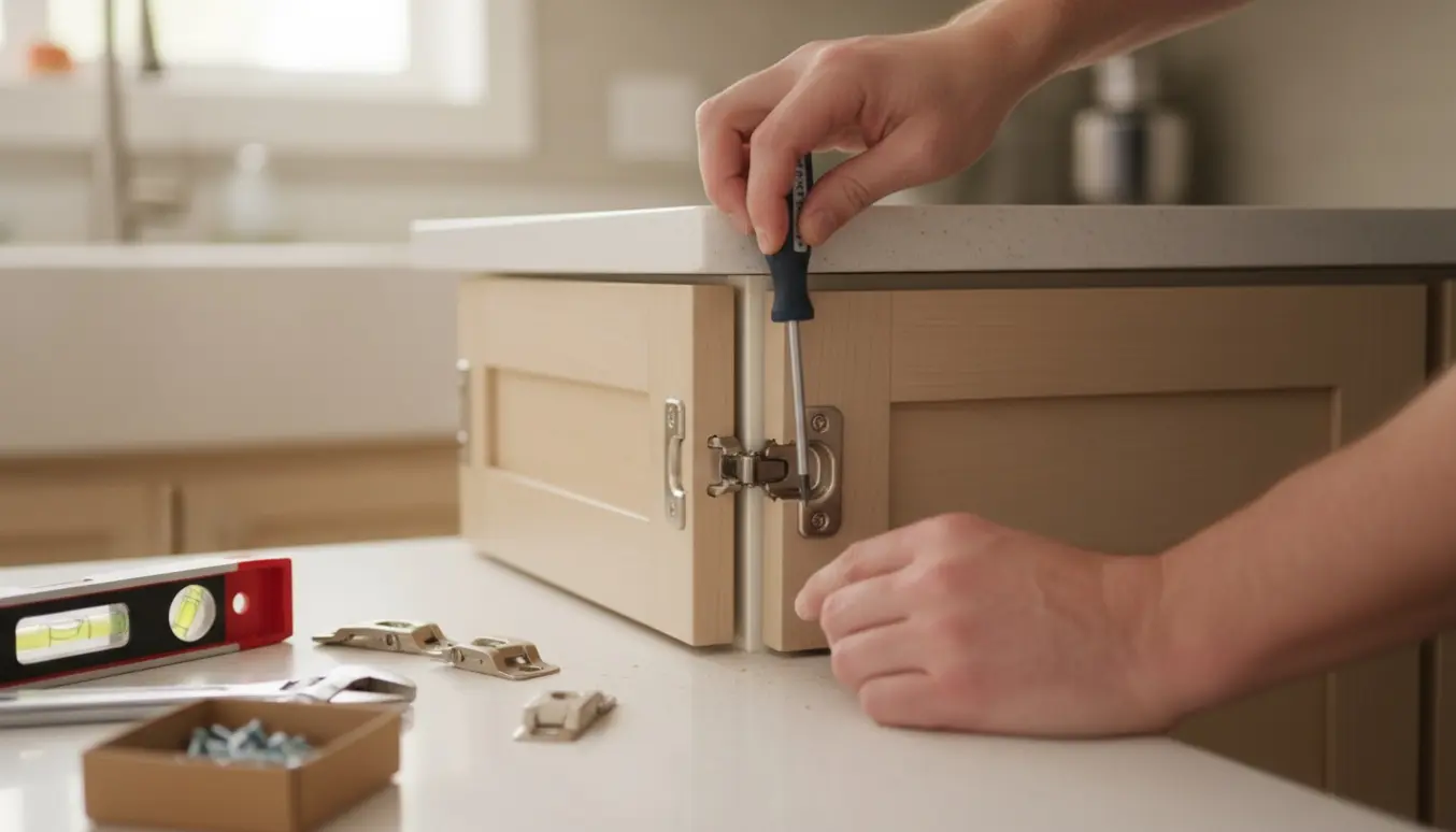 Hænder justerer en hængselsskruer på en af fire skabsdøre, der hænger og ikke lukker tæt.