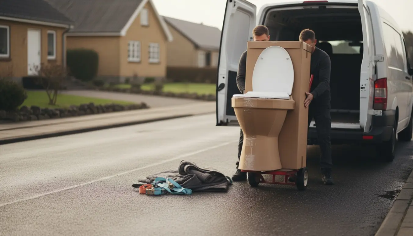 Et nyt toilet i emballage løftes på en tralle og læsses ind i en varevogn på en rolig dansk villavej.