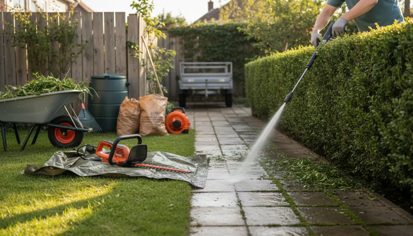 Havearbejde med hækklipning, rensning af fliser og bortskaffelse af haveaffald.