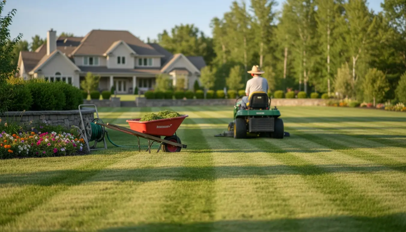 En person på en plæneklipper skaber pæne striber på en stor, nyklippet græsplæne.