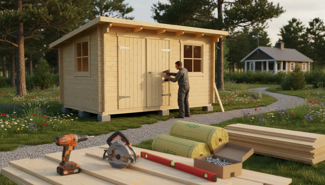 Et lille træanneks på 18 m² under opbygning på en sommerhusgrund med værktøj og materialer i forgrunden.