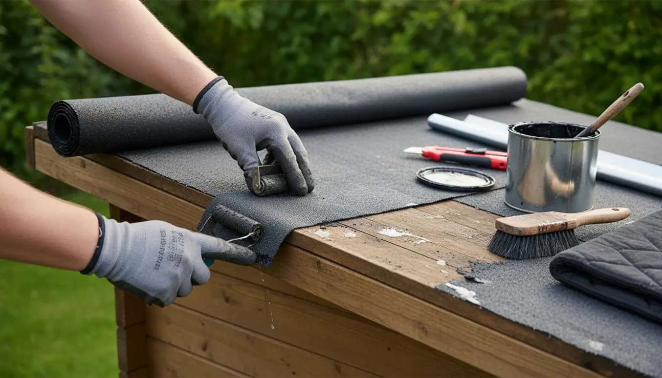 Hænder i handsker lapper tagpap på et skurtag med rulle, lim og værktøj ved siden af.