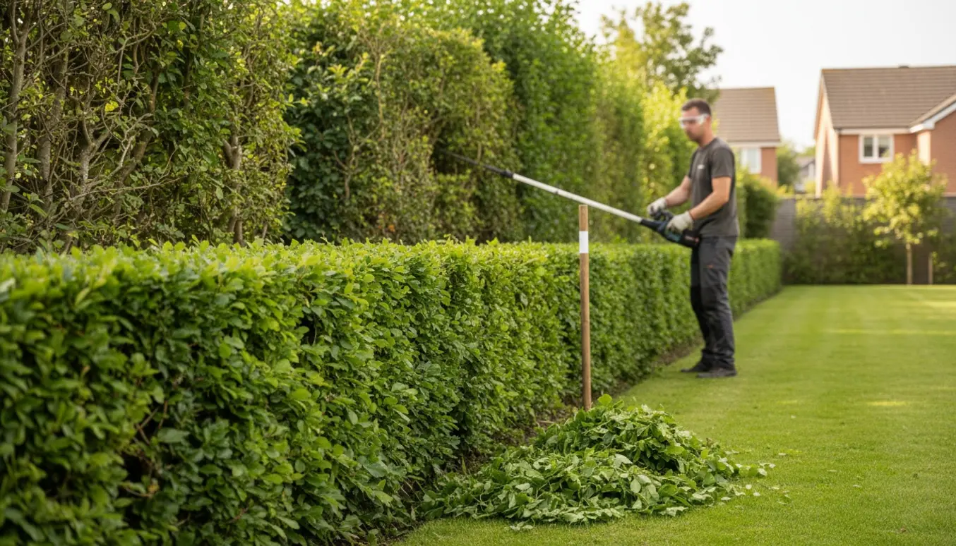 Lang bøgehæk klippes med motorhækkeklipper, nogle sektioner er allerede klippet ned til under 180 cm.