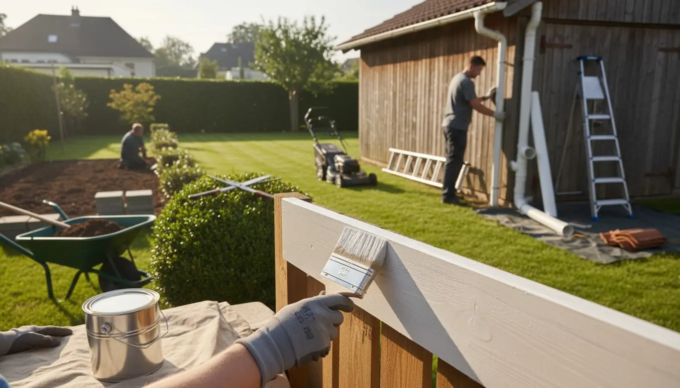 Hænder maler et hegn i en have, mens græs klippes og nedløbsrør monteres.
