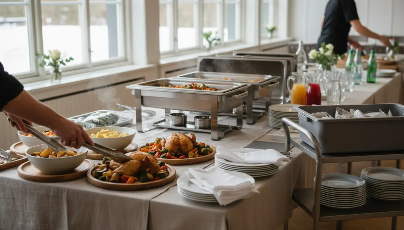 Hænder arrangerer buffet med serveringsskåle, varme fade og drikkevarer på et lyst bord til en konfirmation.