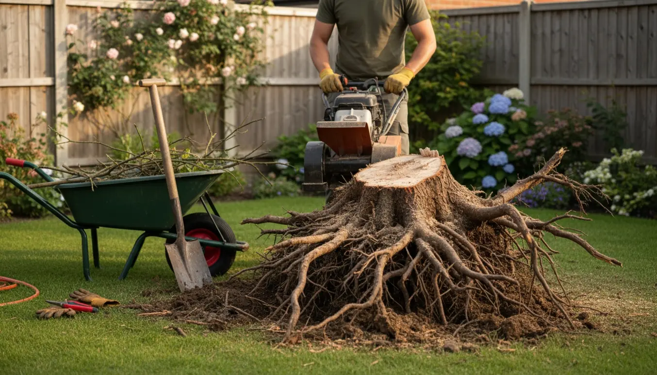 Fjernelse af stor busk med blotlagt rodnet, stubfræser, skovl og trillebør i en have.