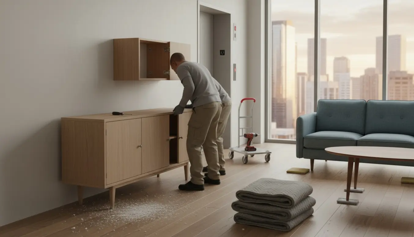 Møbler fjernes fra væggen i en lys lejlighed, sideboard og skab løsnes mens sofa og bord er rykket ud på flytteunderlag.