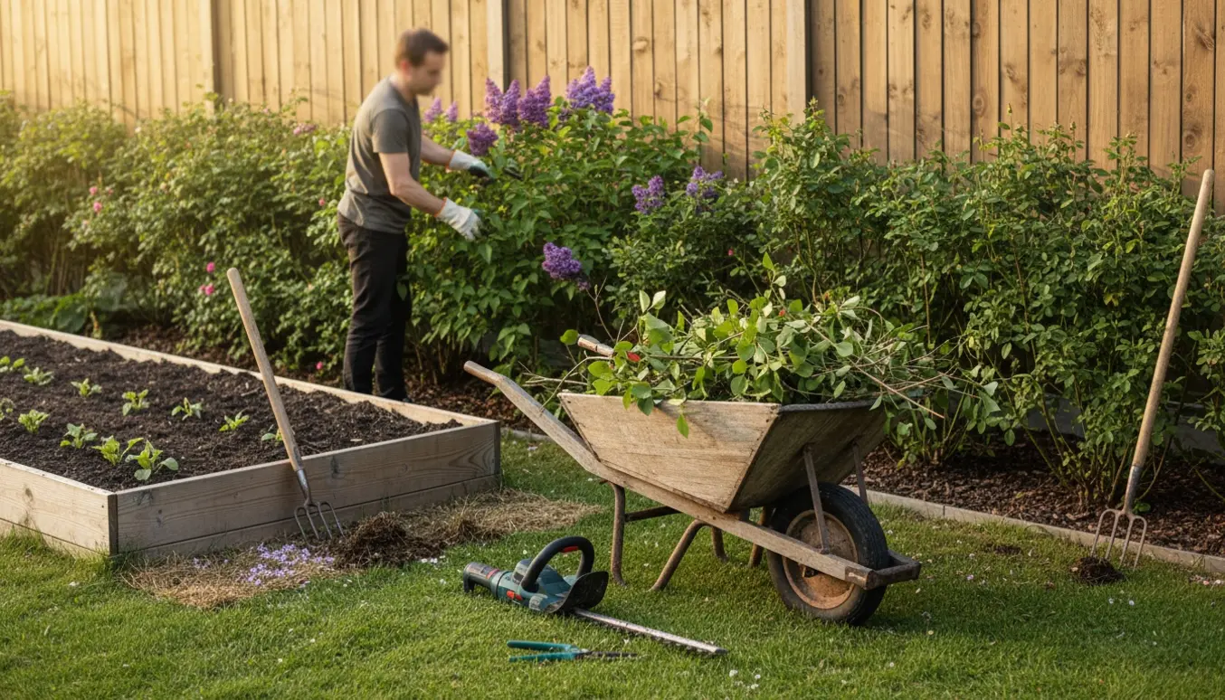 Havemand klipper syrener og vilde roser ved et hegn og ordner et højbed.