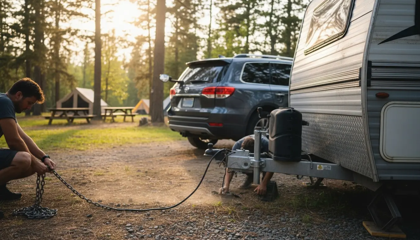 En lille campingvogn kobles på en SUV på en campingplads, mens hænder justerer anhugget og stabilisatoren.