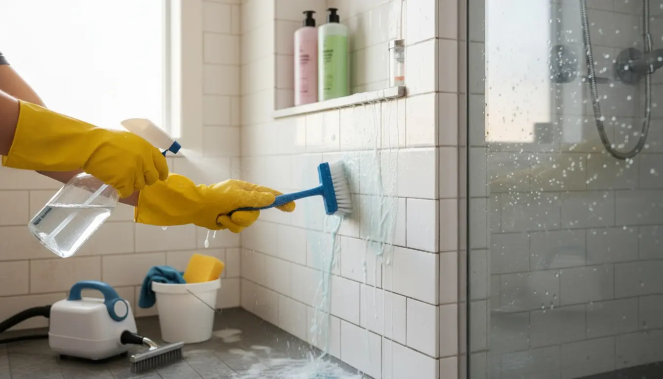 Hænder i gummihandsker skrubber fliser og fuger i en bruseniche med sæbeskum og et skinnende rent område.