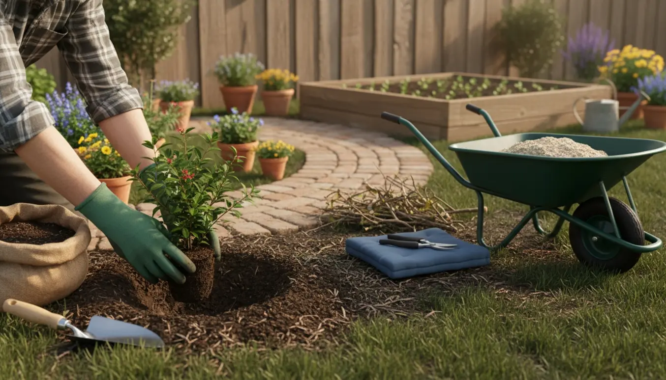 Hænder planter en ny busk i en lille baghave med værktøj og beskårne grene.