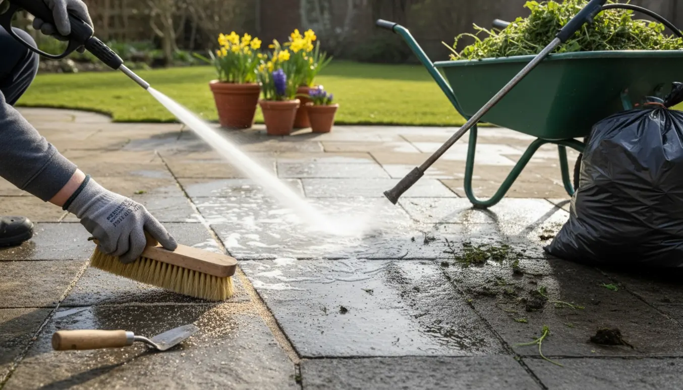 Hænder fylder fugesand i fliser, mens en terrasse rengøres med højtryksrenser og haveaffald i en trillebør.