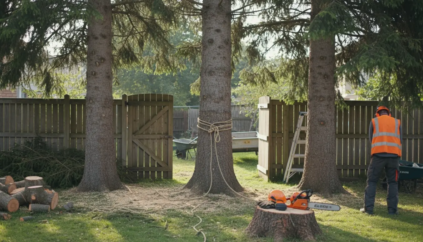 Tre grantræer fældes tæt på et havehegn med åben låge, værktøj og afskårne grene i haven.