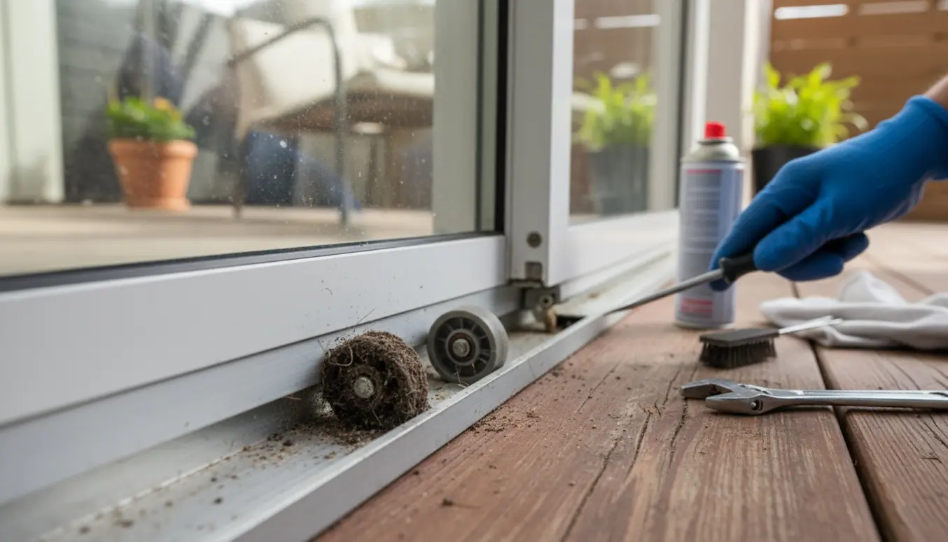 Nærbillede af terrassedørens nederste skinne med to små hjul, hvor ét hjul sidder fast.