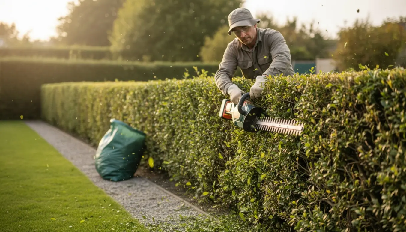 Nærbillede af en person, der beskærer en tæt ligusterhæk med en kraftig hækkeklipper, mens friske klip og en nyklippet top ses i sollys.