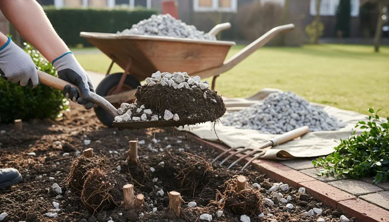 Havebed tømt for granit og jord med skovl, trillebør og synlige buksbomrødder i blødt naturligt lys.