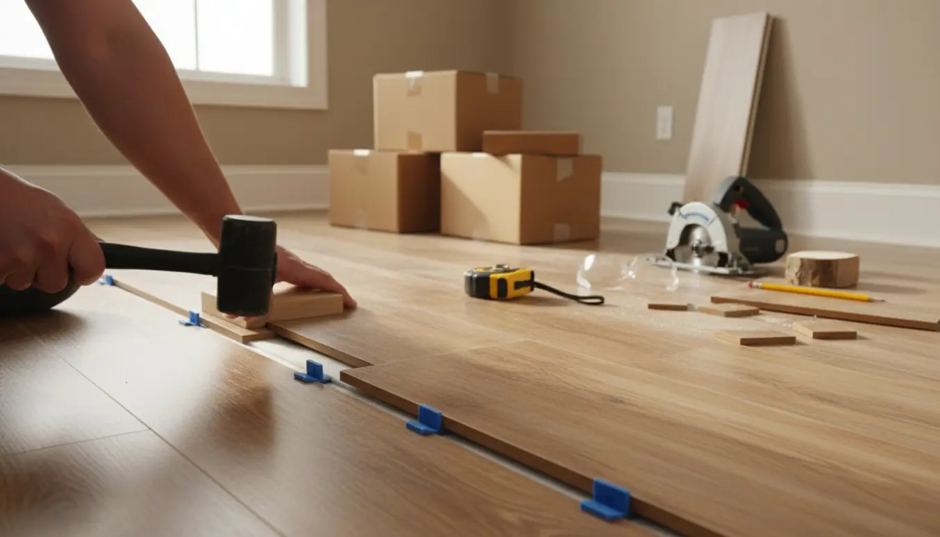 Nærbillede af klikgulv under lægning i et lyst rum med værktøj og halvfærdigt plankegulv.