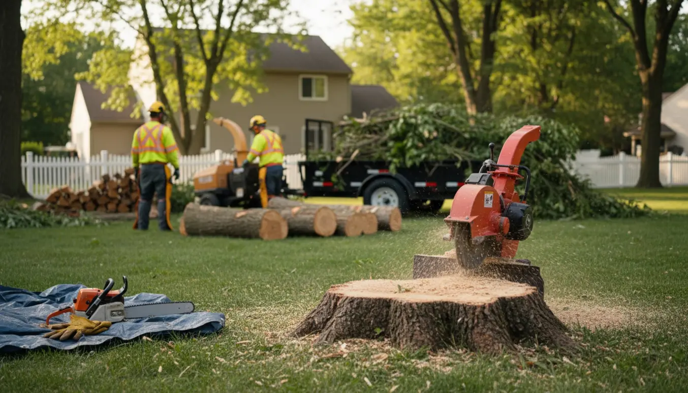 Stubfræsning og bortskaffelse af fældet træ i en baghave med stakke af træflis og brænde.