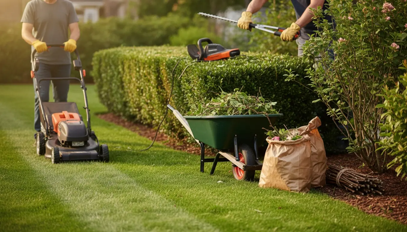 Selvkørende plæneklipper, elektrisk hækklipper og grensaks i brug i en veltrimmet have med grønt affald klar til bortkørsel.