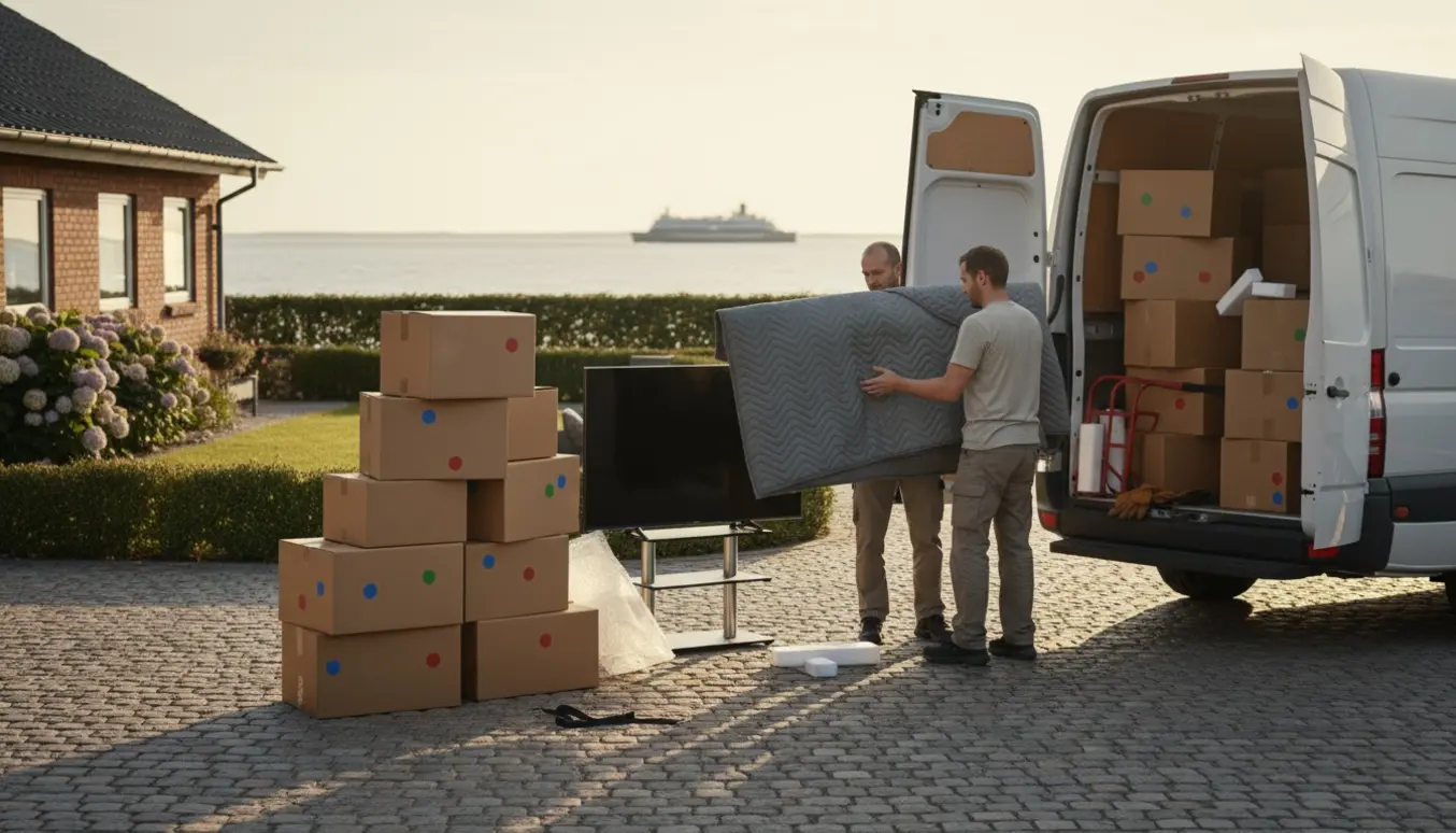 Flyttevogn med flyttekasser, indpakket tv og tv-bord ved en kystvej klar til overfart.