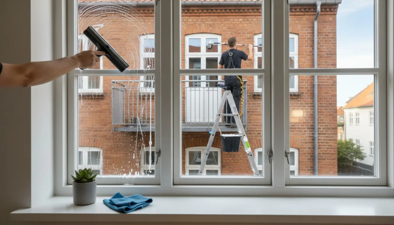 Indvendig og udvendig vinduespudsning af dannebrogsvinduer og altandør på 2. sal.