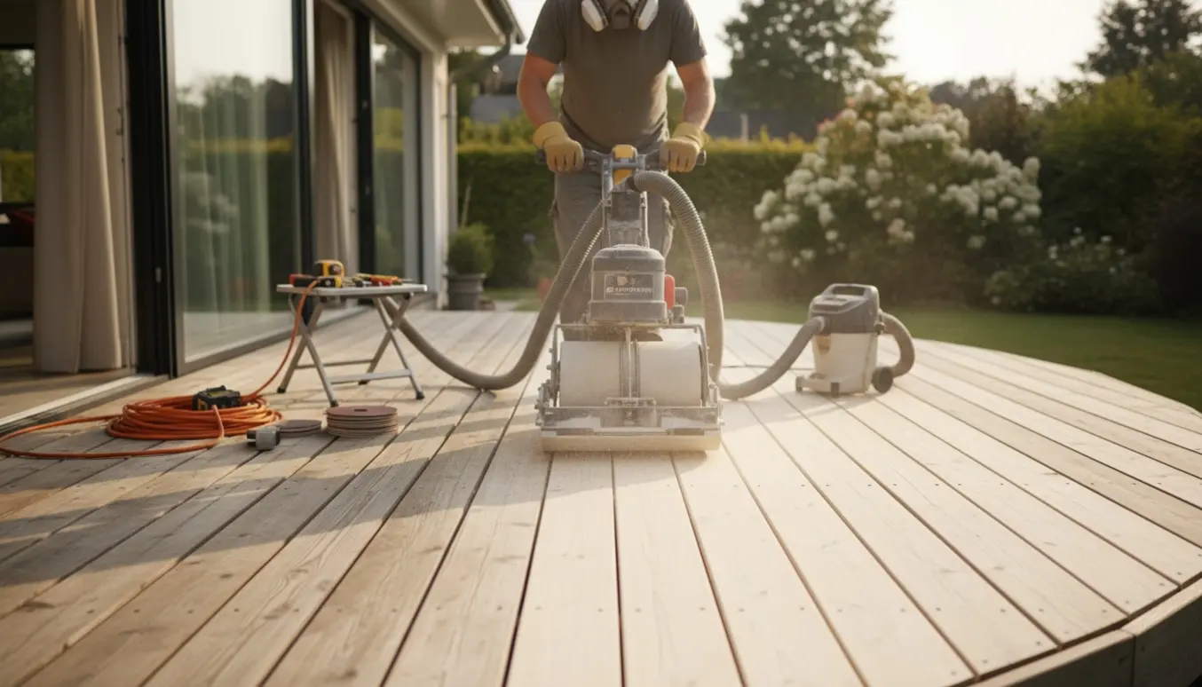 En træterrasse rundt om huset under slibning med friskslibede brædder ved siden af vejrbidte brædder.