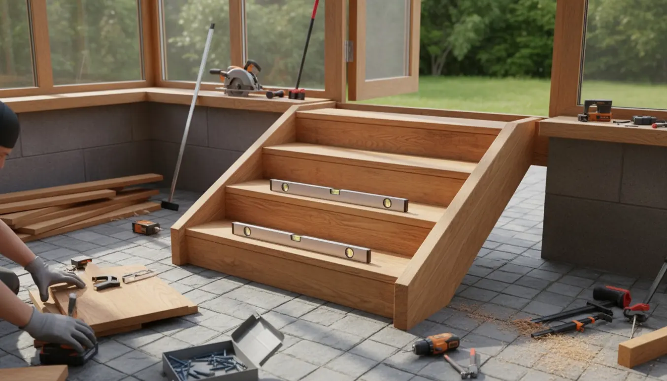 Halvfærdig trætrappe fra udestue ned til terrasse med små fliser og værktøj klar.