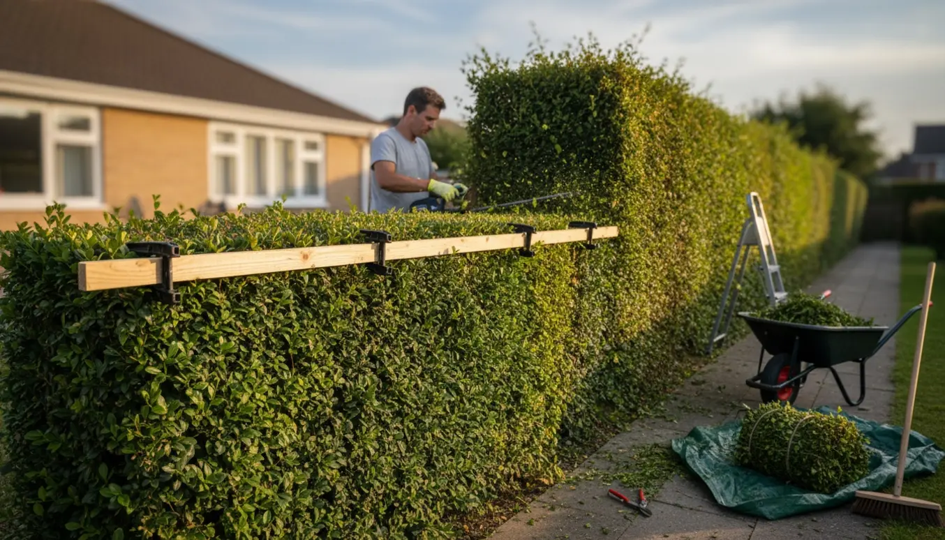 Lang ligusterhæk på ca. 15 meter klippes, med afklip i trillebør og en træliste som skabelon.