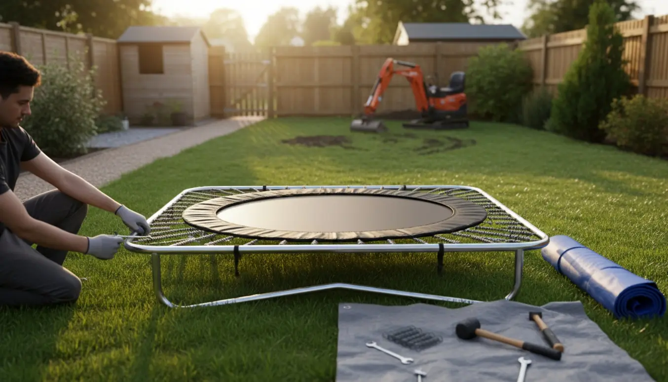 Delvist opsat trampolin i en lille have med snæver indgang, værktøj og hænder i færd med at montere fjeder.