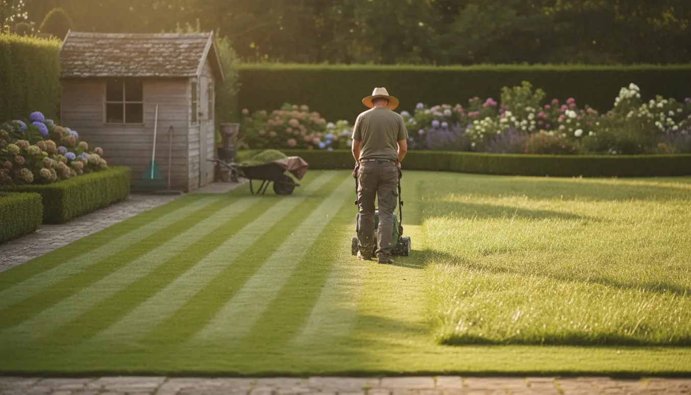 Stor have med nyklippet græs i striber og en plæneklipper i arbejde, ingen ansigter synlige.