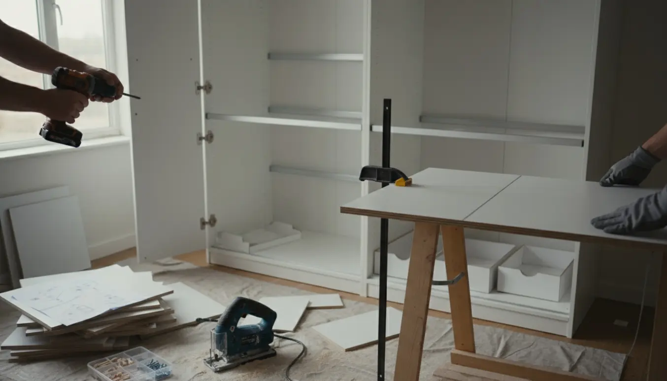 Hænder tilpasser og samler en PAX‑style garderobe med værktøj og nyskåret sidepanel i et lyst værksted.