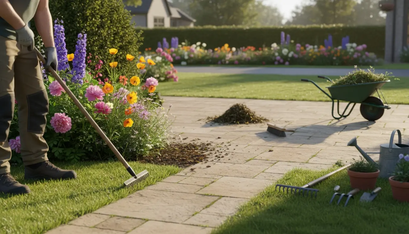 Nærbillede af havearbejde med kantklipning, lugning og fejning af en stor flise terrasse ved en hæk.