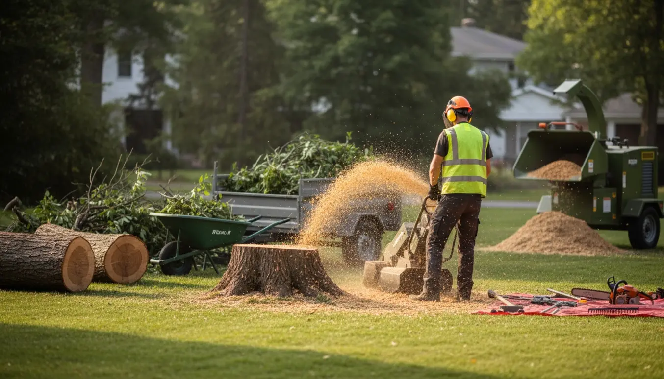 En stubfræser fjerner en træstub, med nedfældet træ og bunker af grene klar til bortskaffelse.