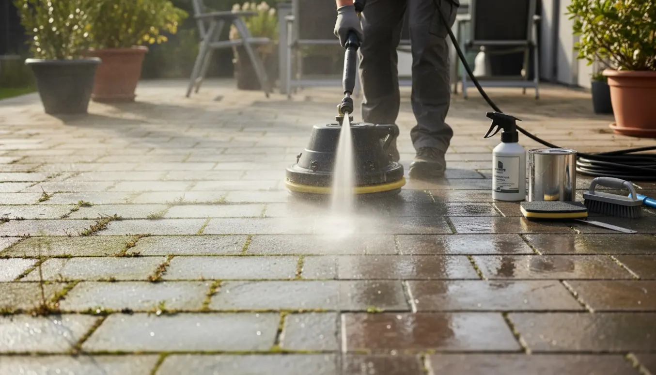Hænder med højtryksrenser renser fliser på en terrasse, hvor den ene side er algebelagt og den anden nyrenset og blank.