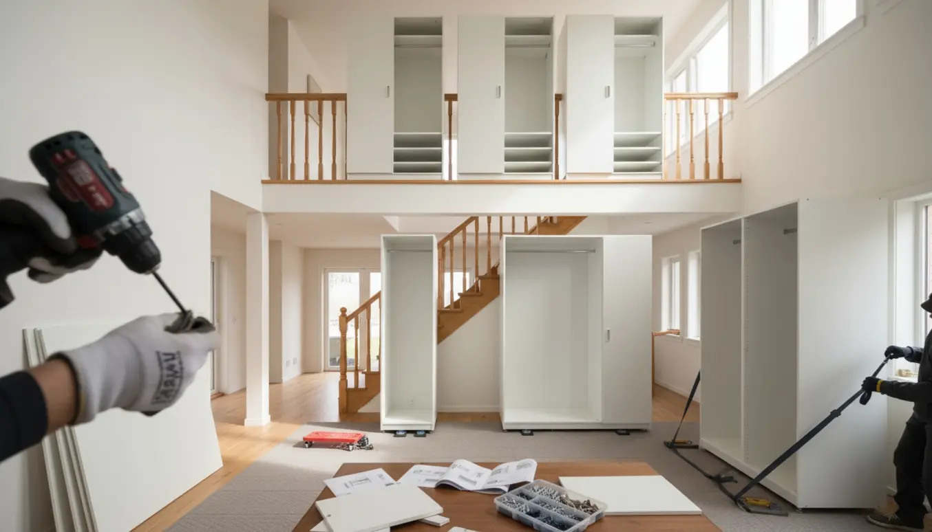 Indendørs scene med skabe, sokler og værktøj ved trappe, hvor skabe flyttes og samles mellem første sal og stueetagen.