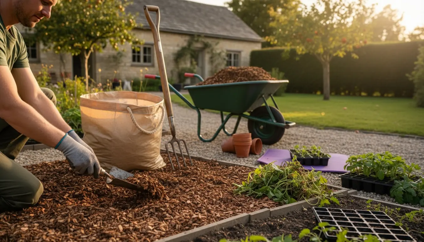 Håndfuld haveredskaber og handsker, der lægger flis og fjerner ukrudt i et bed på en lille landejendom.