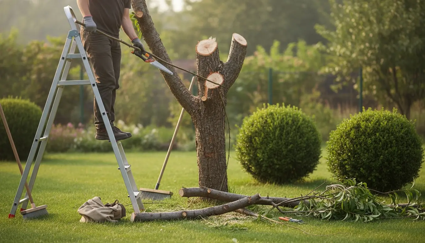 Ryggen af en person på en stige saver toppen af et 6 m højt ferskentræ, med beskårne grene og to trimmede buske i baggrunden.
