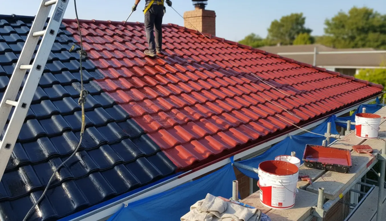 Håndværker maler et sort glaseret tegltag rødt, med delvist malet område, malerbøtte og stillads i naturligt dagslys.
