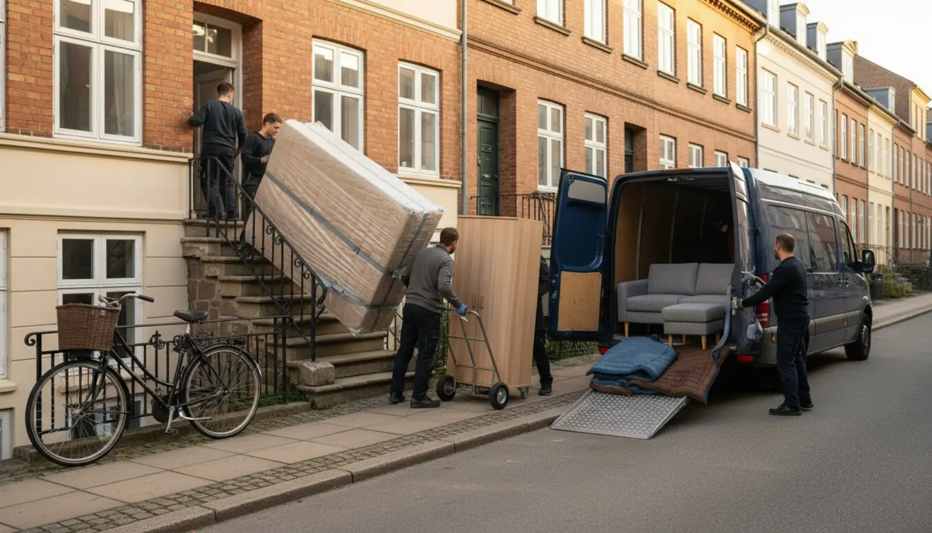 Flyttemænd læsser seng, sofa og klædeskab ind i en flyttebil foran et københavnsk rækkehus i blødt morgenlys.