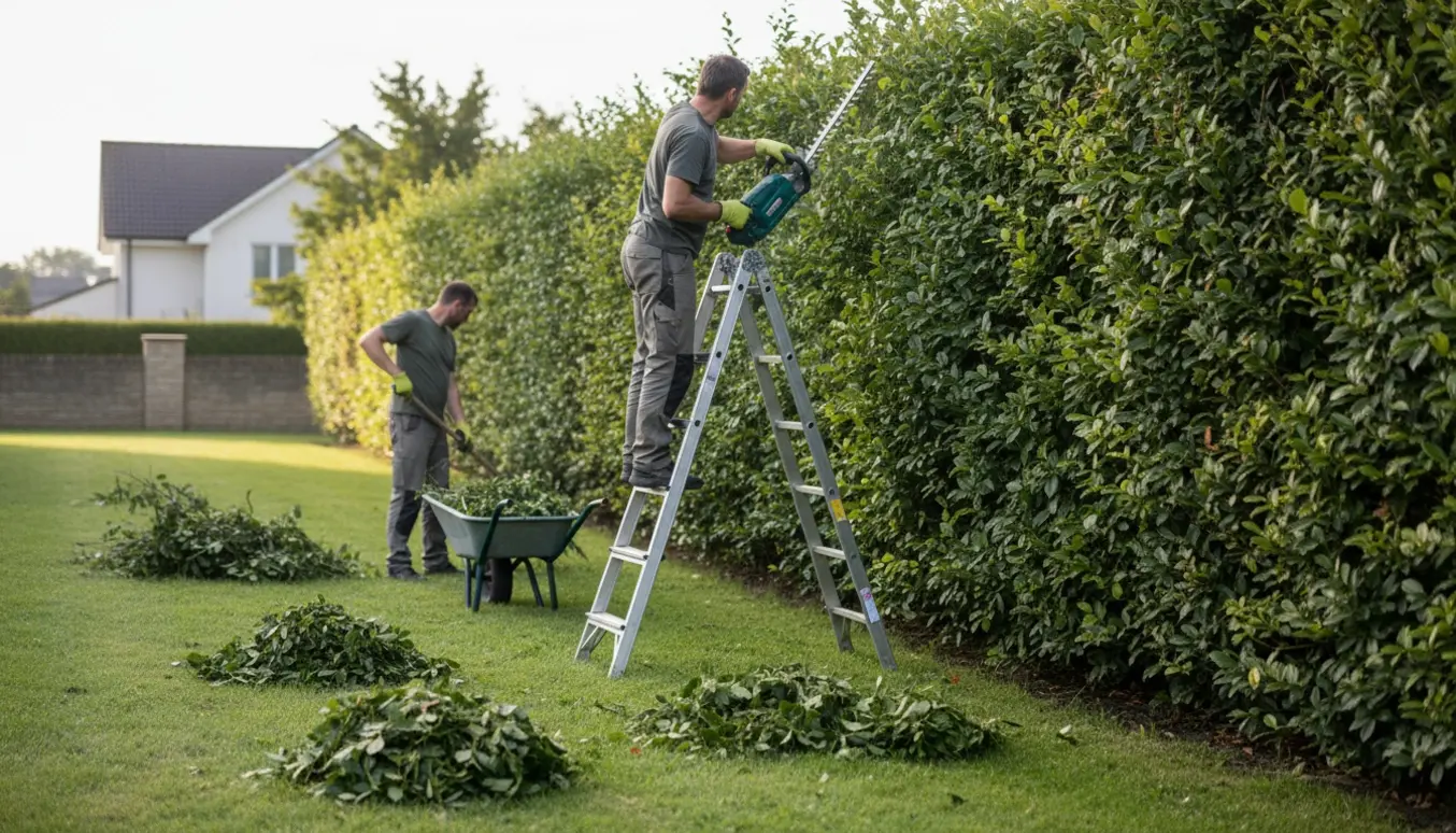 Lang hæk omkring en ejendom under beskæring med stige, elektrisk hækkeklipper, rive og bunker af afklip.