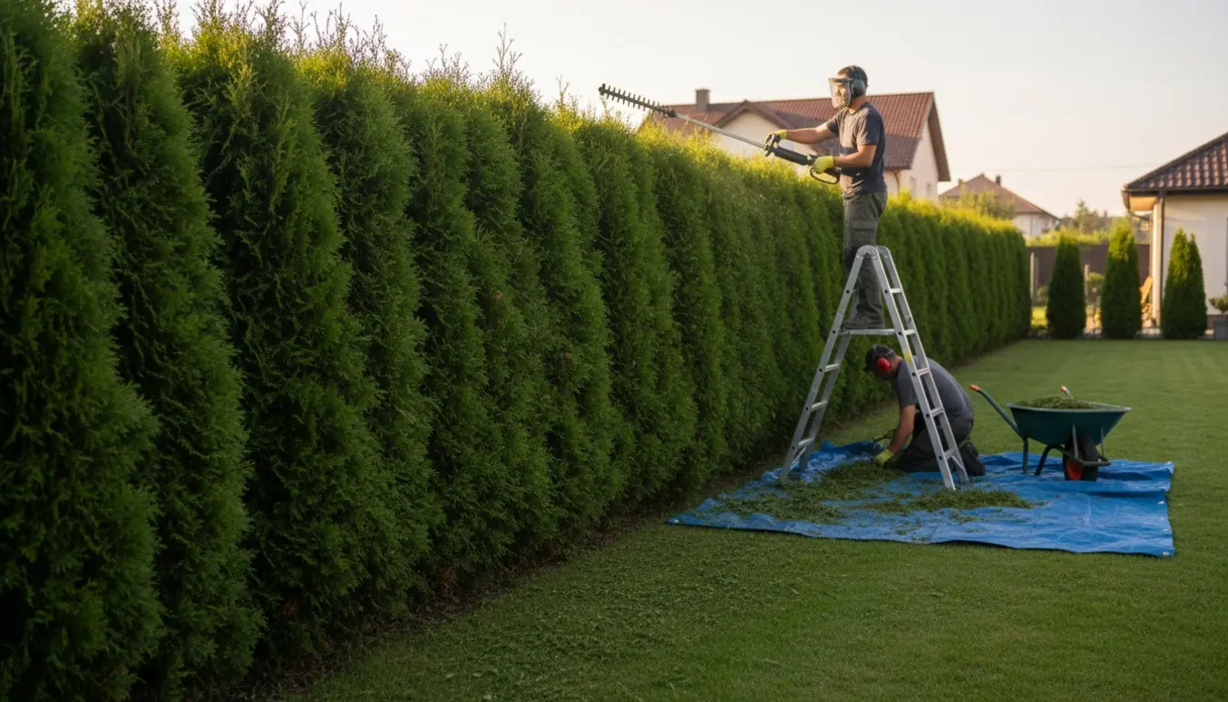 En person på stige trimmer toppen af en 30 meter lang Smaragd-thuja-hæk, mens en anden samler afklip.