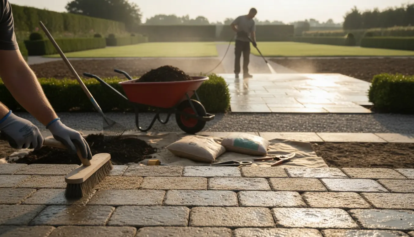 Person set bagfra ved rengøring af fliser og oprydning af bede i en velholdt have.