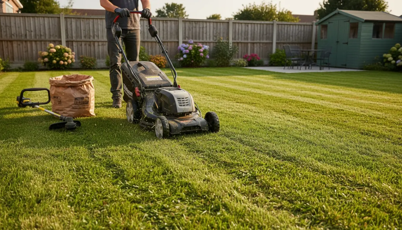 En græsslåmaskine slår en velplejet baghave på cirka 300–400 m² med nyklippet græs og tydelige striber.
