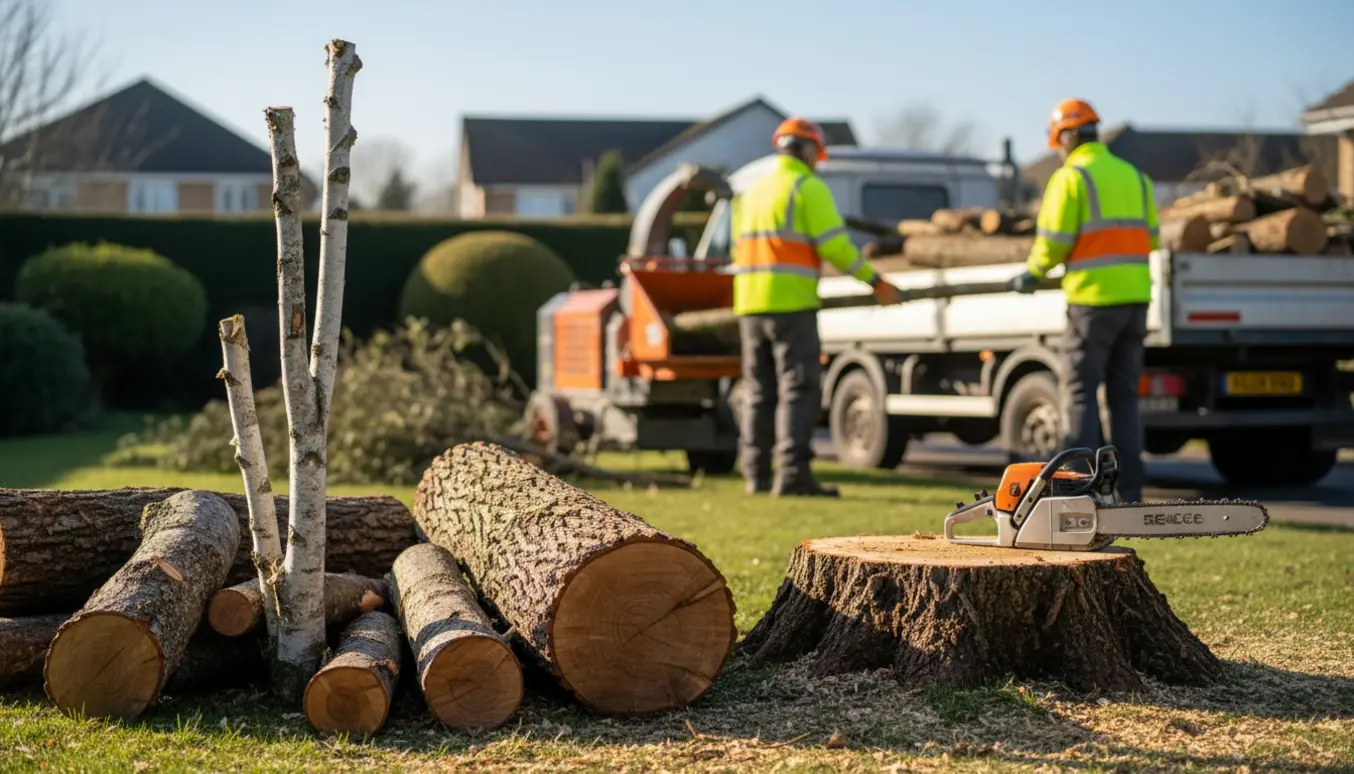 Fældning og bortkørsel af et birketræ og et egetræ med savspåner og en læsset lastbil i haven.
