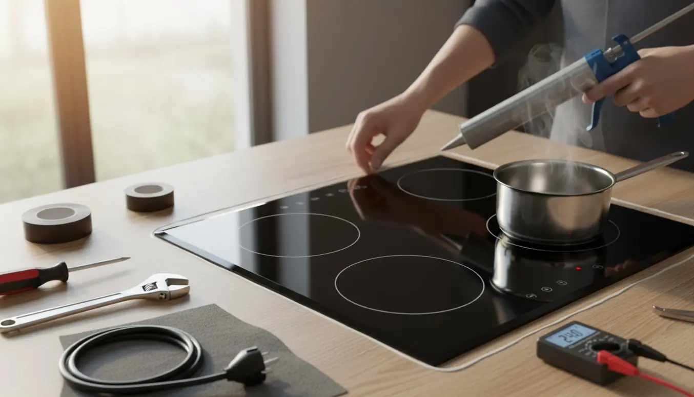Hænder installerer og tænder en indbygget kogeplade i et moderne køkken med værktøj og tætning.